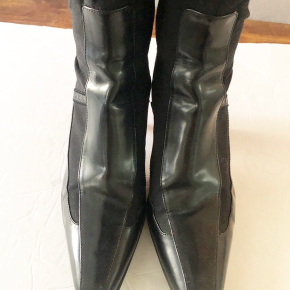 Prada Gabardine Black Tech Knee High Boots zipper Pointy Kitten Heel Size 38.5 - Picture 5 of 12